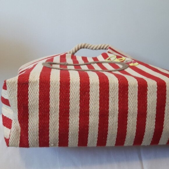 RED WHITE striped canvas BEACH tote NAUTICAL rope handles footprint sand bag - Picture 4 of 5
